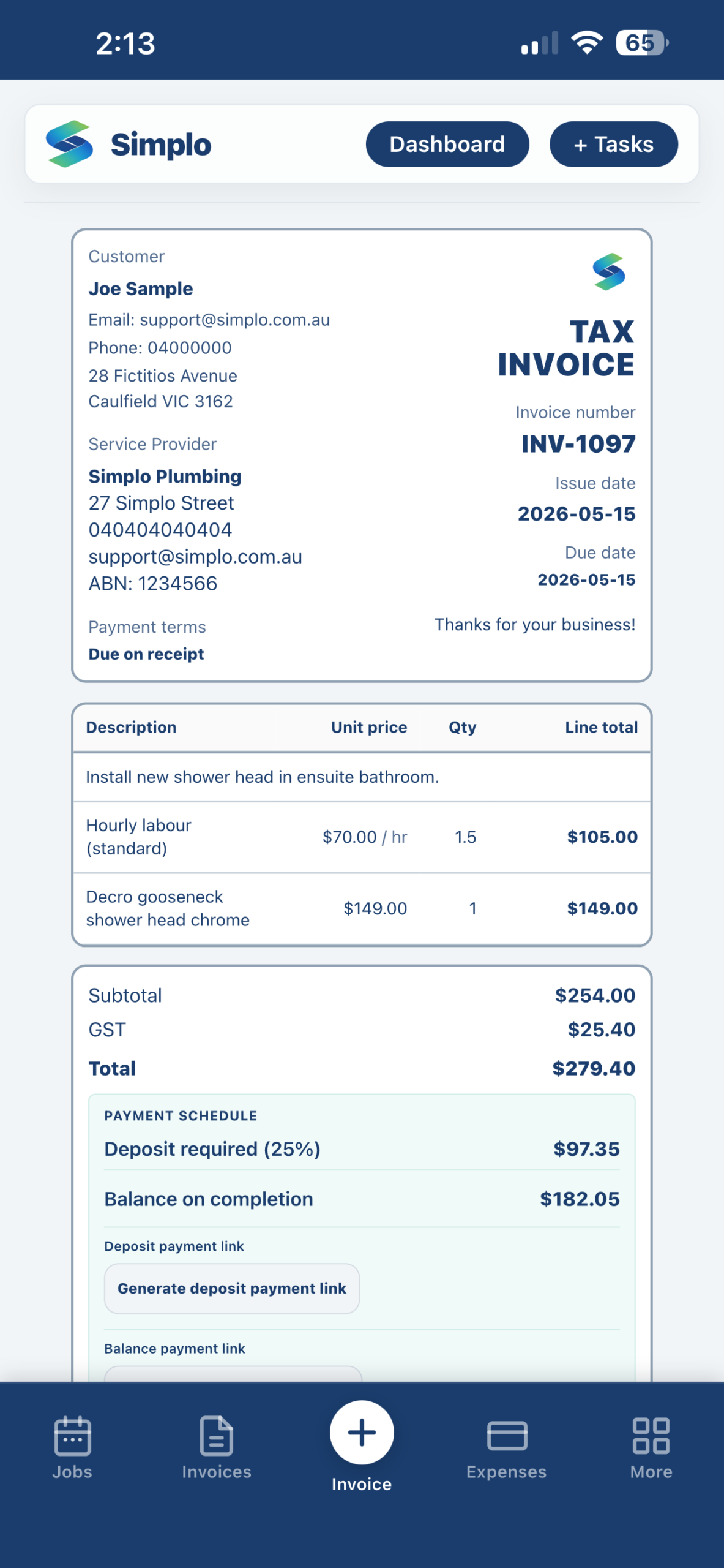 how tradies can get paid faster — Simplo invoice on phone