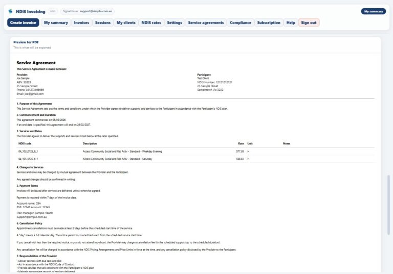 NDIS service agreement template for support workers