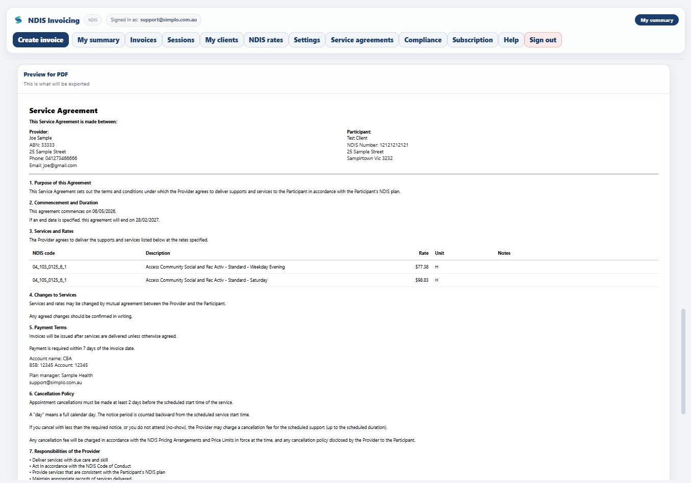 NDIS service agreement template for support workers