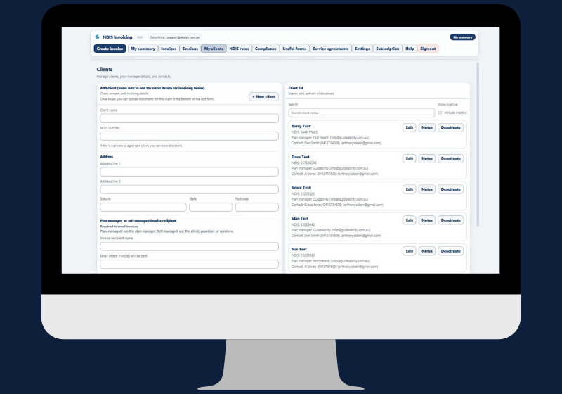 Simplo NDIS client management screen