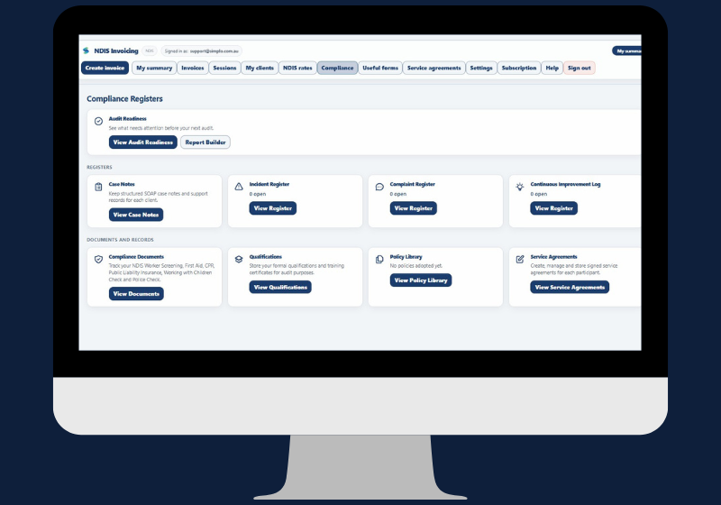 Simplo Pro NDIS compliance software dashboard showing all compliance cards including case notes, registers, documents and audit readiness