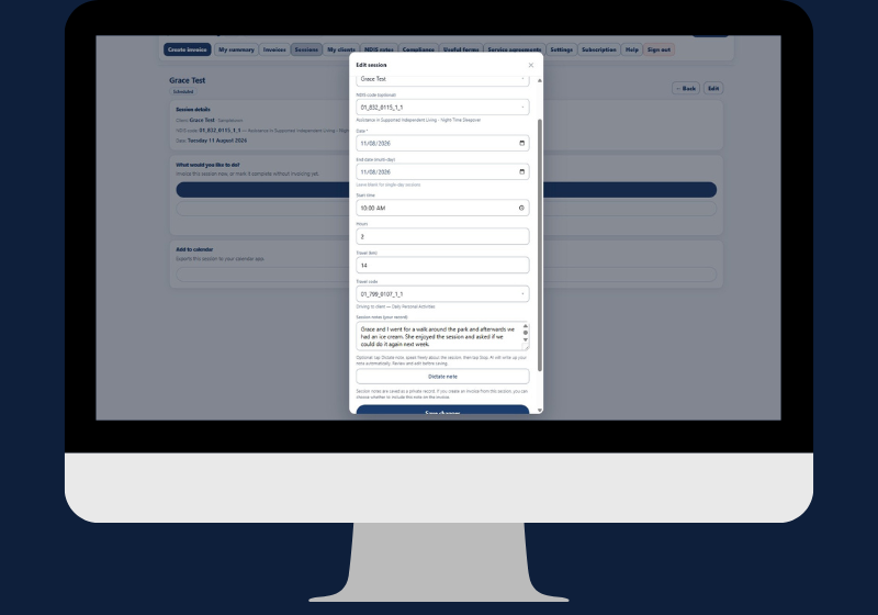 Simplo NDIS sessions screen