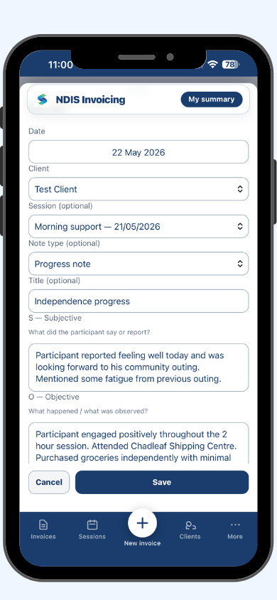 Simplo Pro SOAP case notes on iPhone showing the Subjective Objective Assessment Plan format with voice dictation active