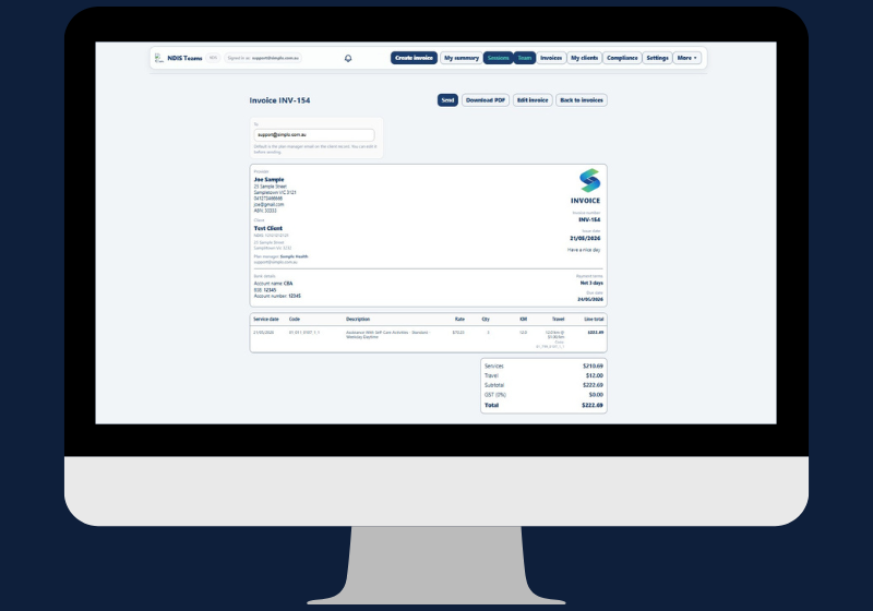 Simplo NDIS web app showing an invoice on desktop