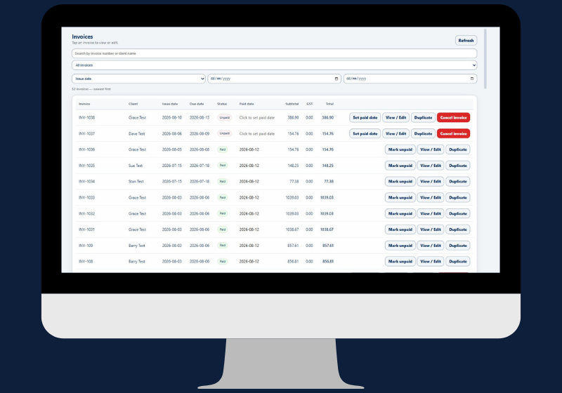 Simplo Solo invoice list showing paid, unpaid and duplicate NDIS invoices