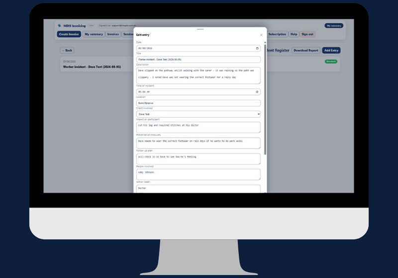 Simplo Pro incident register showing an incident report open on desktop with timestamped entries