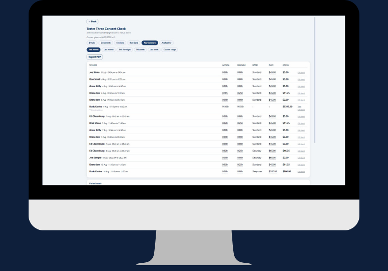 Simplo Teams pay summary showing each session with actual hours, pay band, hourly rate and gross amount with Export PDF