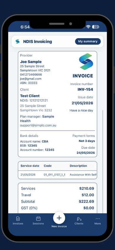 Simplo Solo NDIS invoicing app showing a saved invoice on iPhone