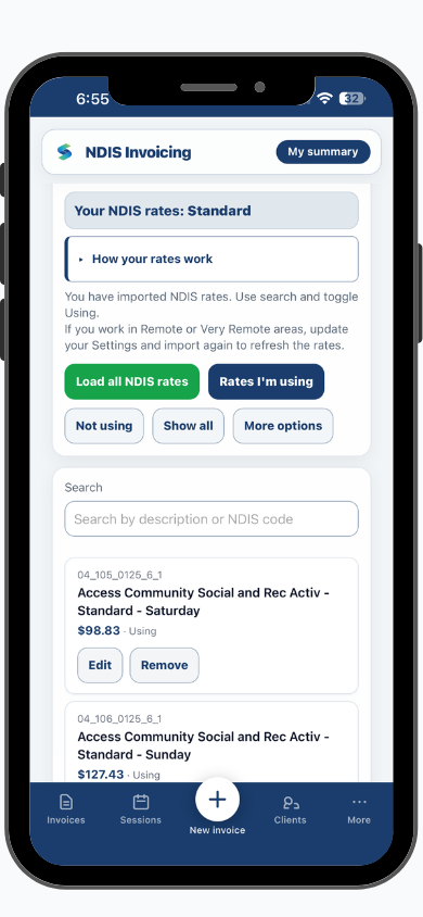 Simplo Solo NDIS price guide on iPhone showing the searchable support catalogue with codes and current rates