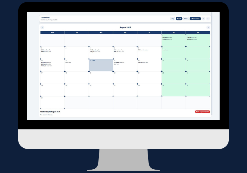 Simplo Solo session calendar showing scheduled NDIS support sessions in week view