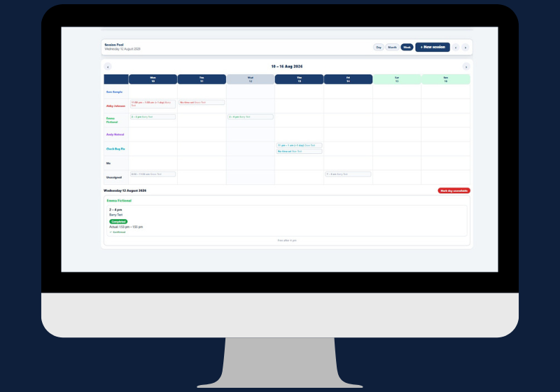 Simplo NDIS Teams week calendar view showing colour-coded sessions per worker with a completed session summary panel below