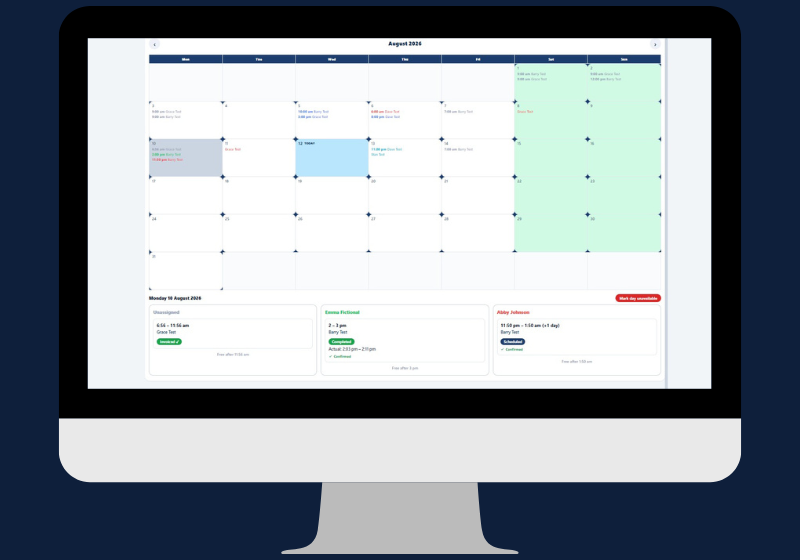 Simplo Teams NDIS team management software showing the owner month session calendar with colour-coded sessions for multiple workers and the daily summary panel