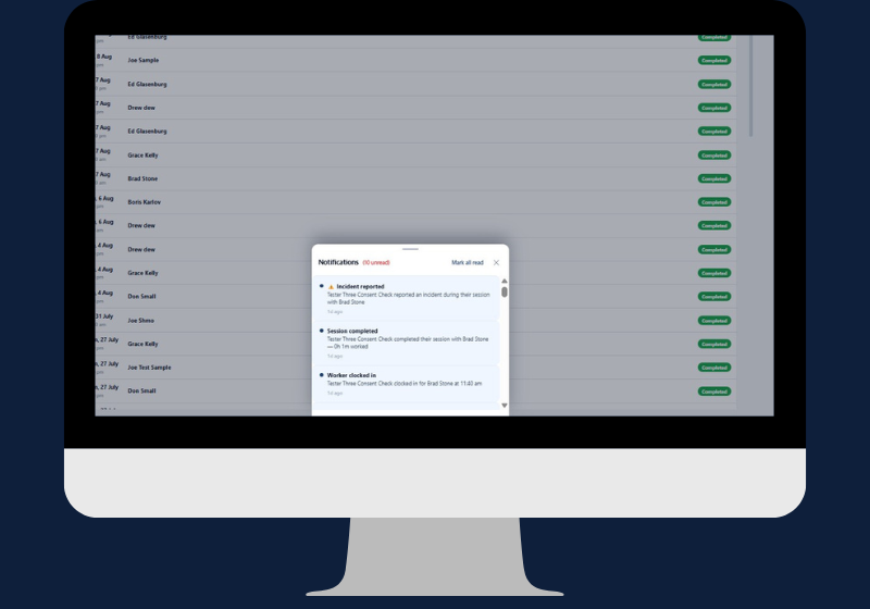 Simplo Teams in-app notification panel showing an incident reported, a session completed and a worker clocked in notification