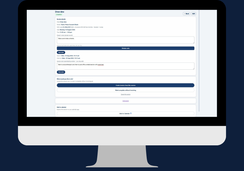 Simplo Teams completed session summary showing clock-in and clock-out times, the worker session note and the create invoice button