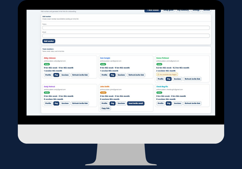 Simplo Teams worker management screen showing all team members as cards with hours, sessions and invite links