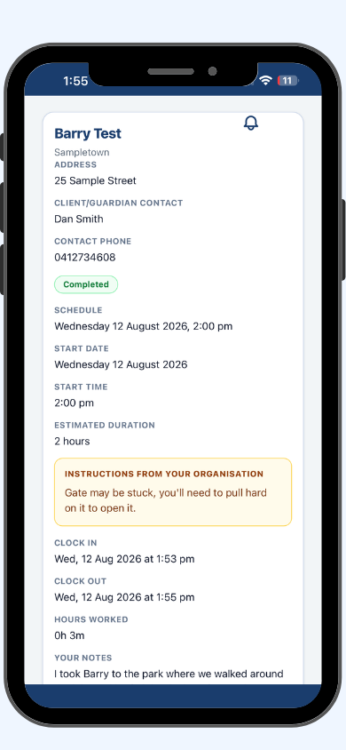 Simplo Teams completed session showing clock-in time, clock-out time, hours worked and the worker's session note