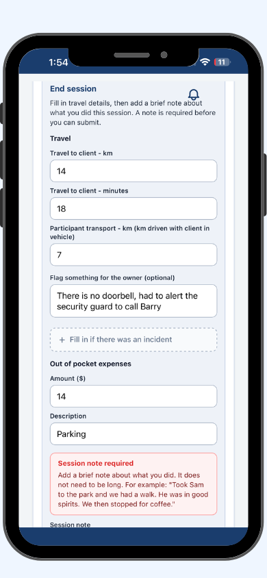 Simplo Teams end session screen showing travel kilometres, owner flag, incident option, out of pocket expenses and session note required prompt