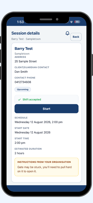 Simplo Teams session detail after acceptance showing client address, shift accepted status, Start button and organisation instructions