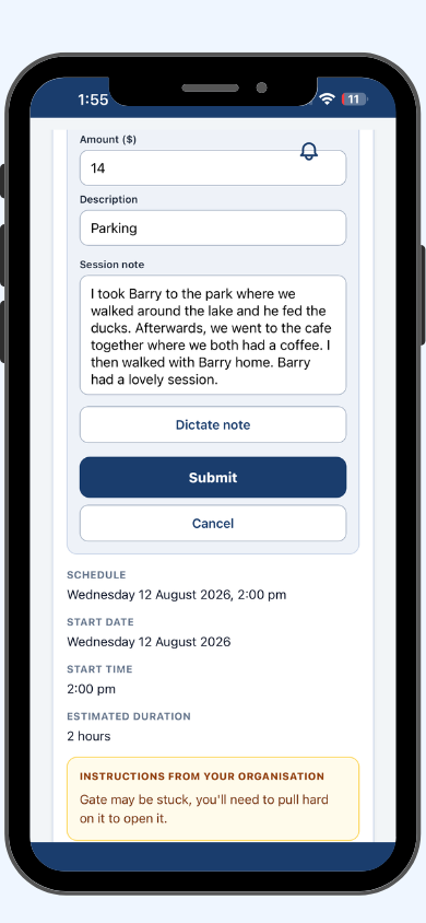 Simplo Teams session note screen showing an expense entry, a written session note about the participant and a Dictate note button