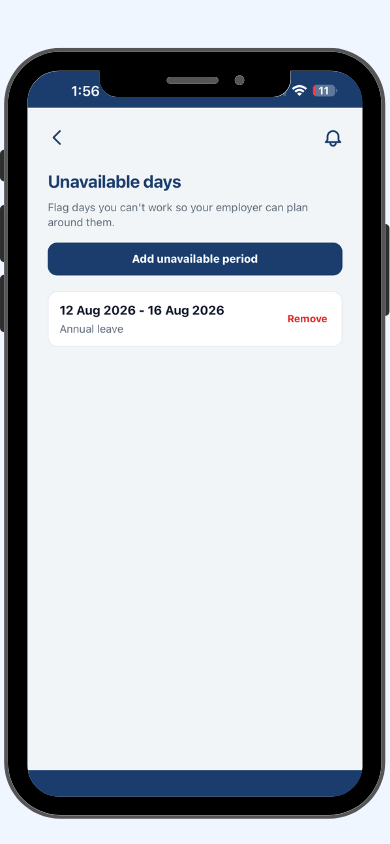 Simplo Teams unavailable days screen showing an annual leave period added so the employer can plan around it