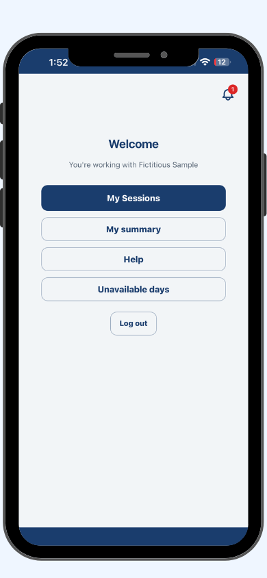 Simplo Teams worker app welcome screen showing My Sessions, My Summary, Unavailable Days and Help